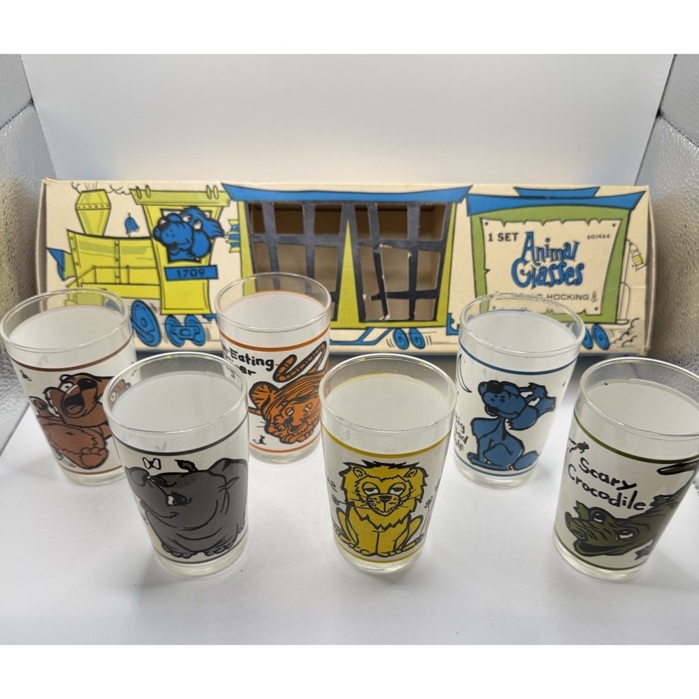 6 -6 Oz Rare Anchor Hocking Circus Animals Children's Juice Glasses NOS